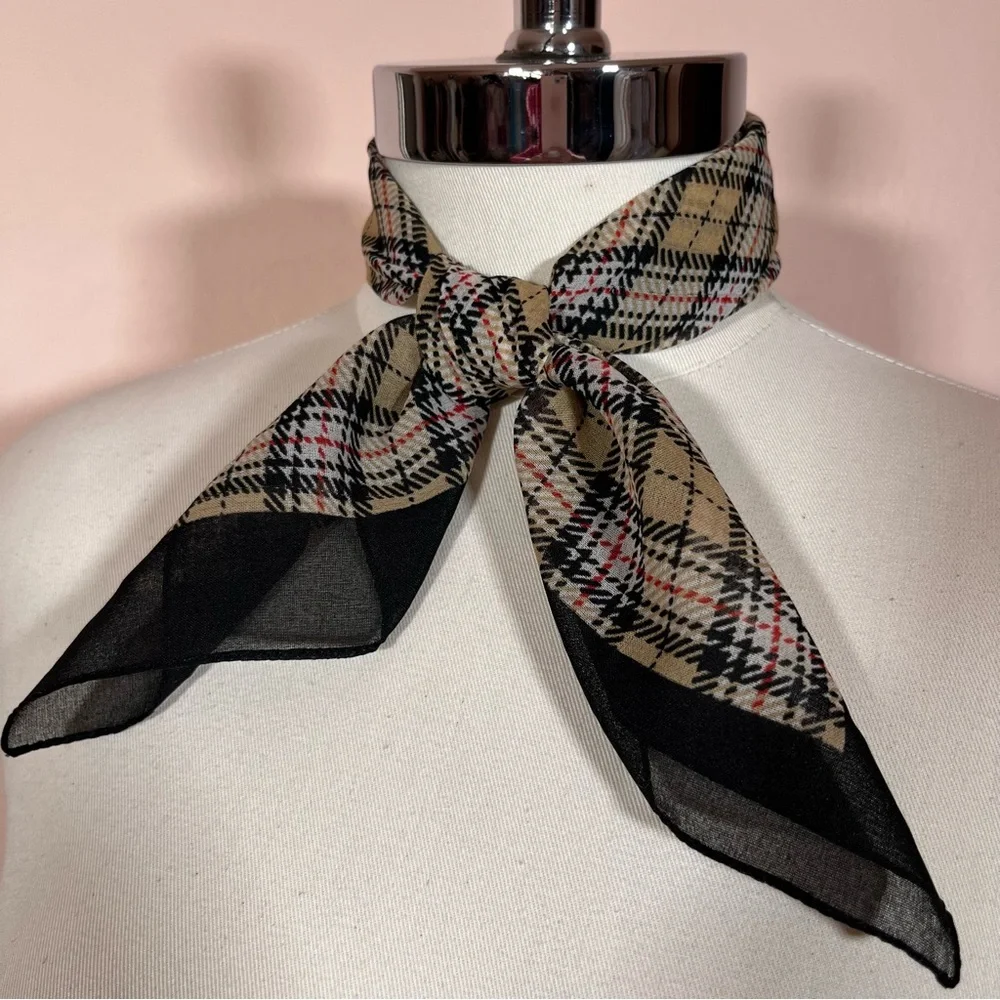 Vintage 80 90 Retro Camel Tan Black Academia Plaid classic Preppy Neck Scarf - Picture 10 of 13